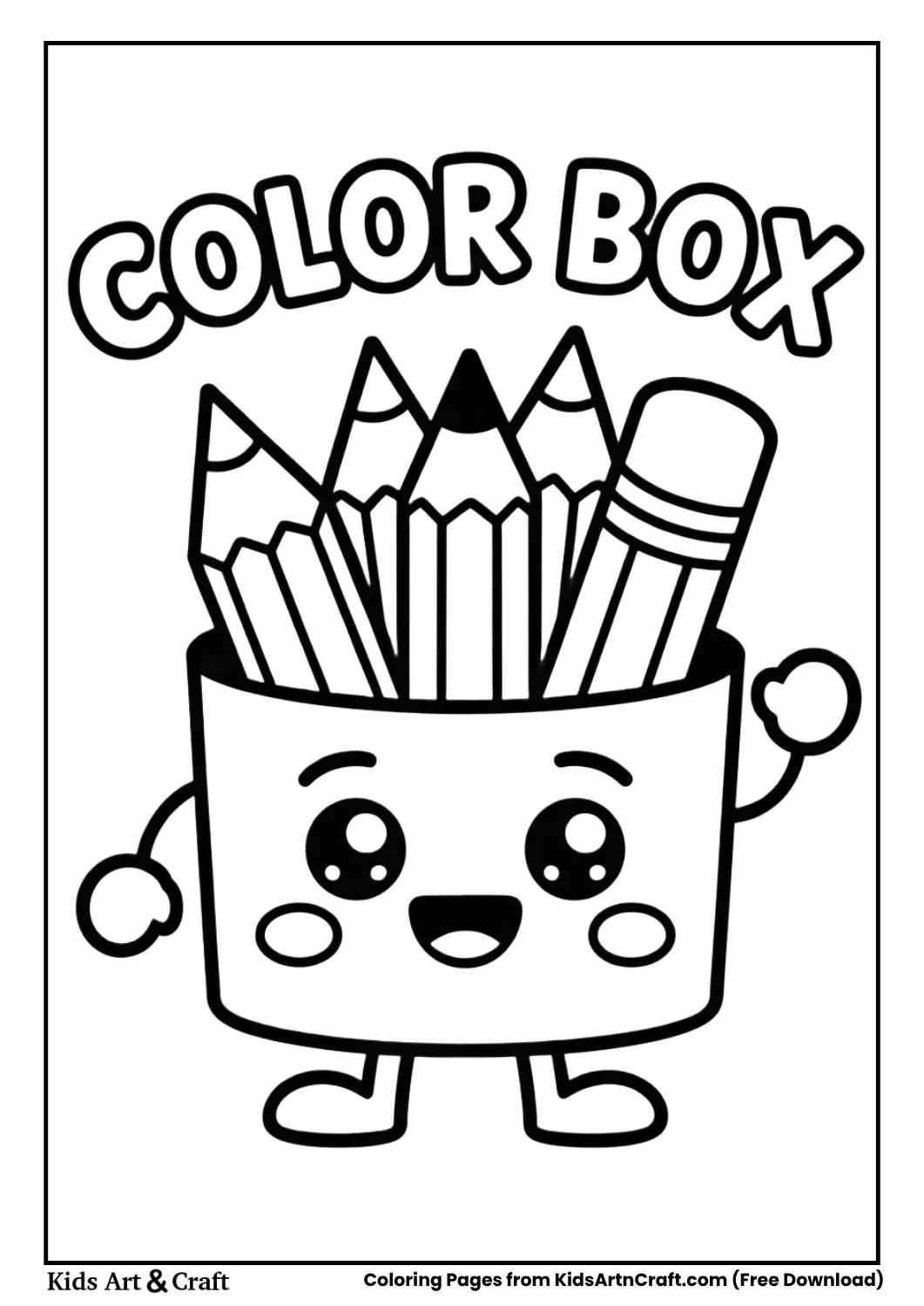 kawaii color box with pencils coloring page black and white for kids