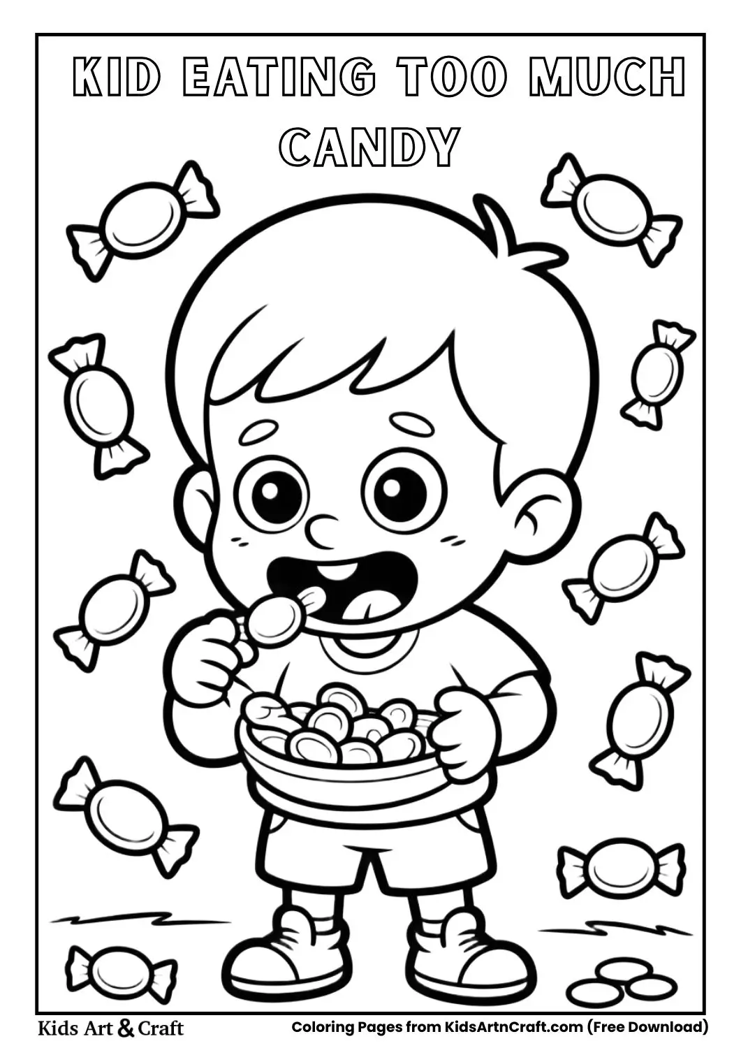 Child surrounded by candy wrappers coloring page
