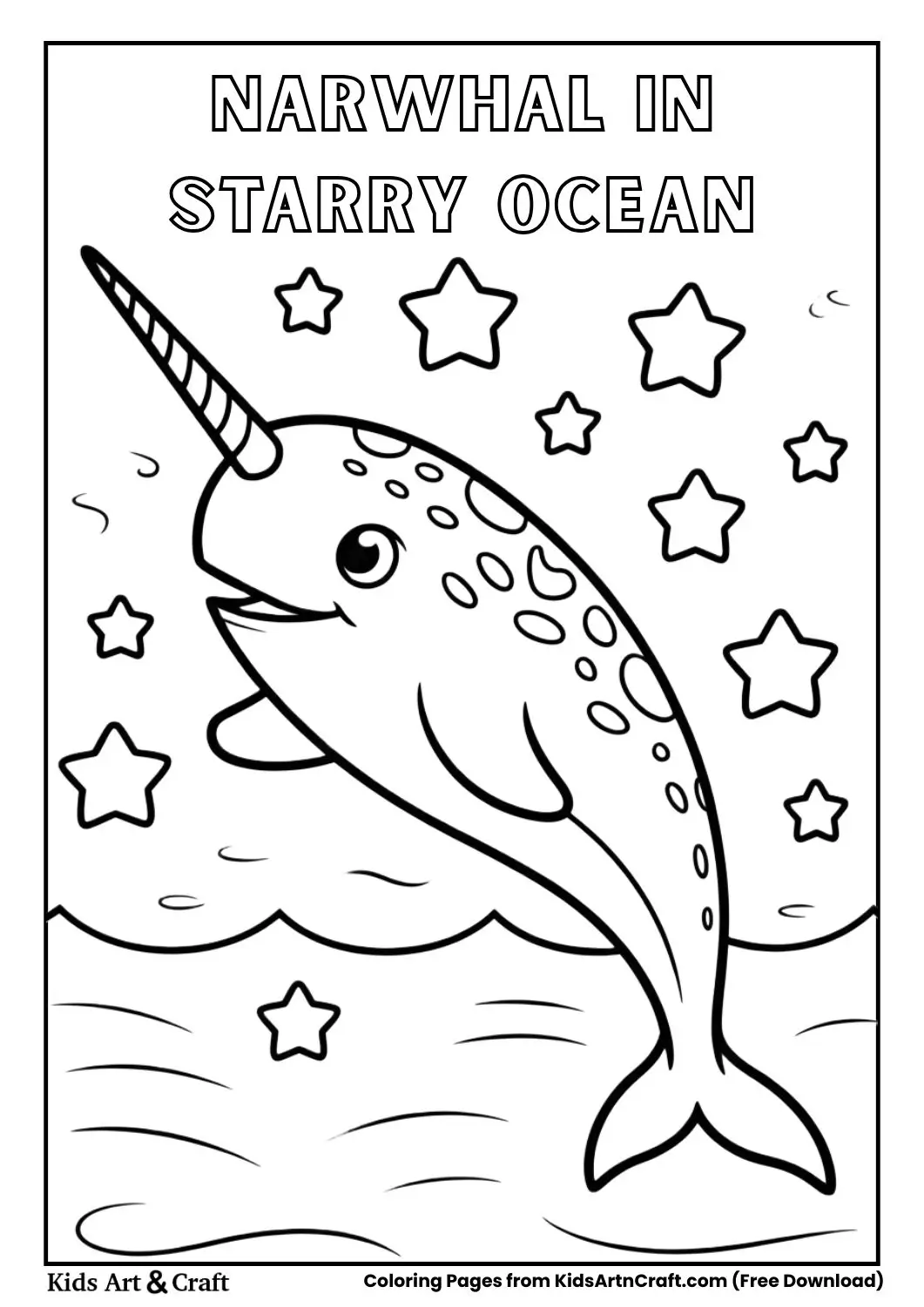 Narwhal in starry night ocean coloring page