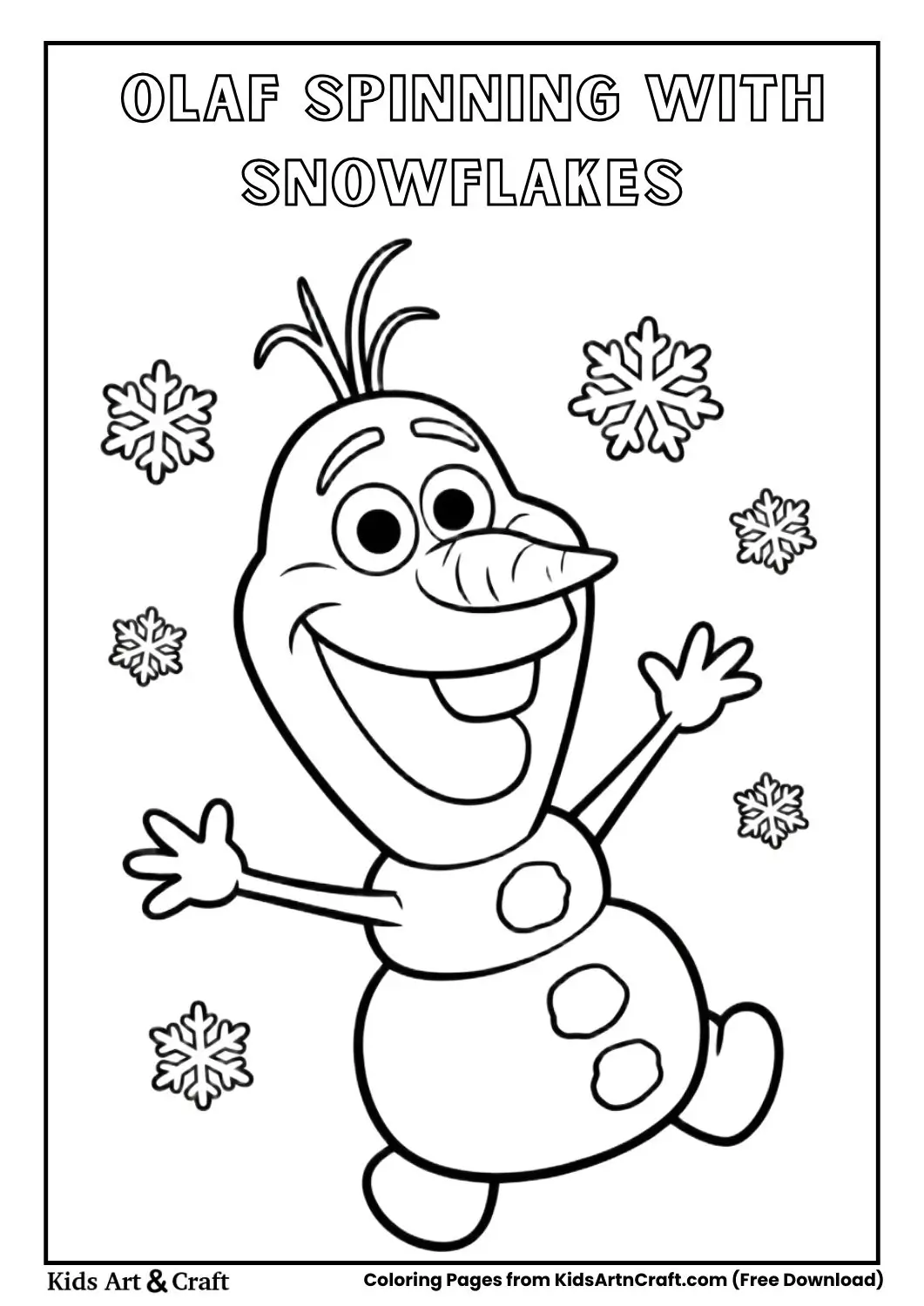 Olaf spinning happily with snowflakes simple kids coloring page