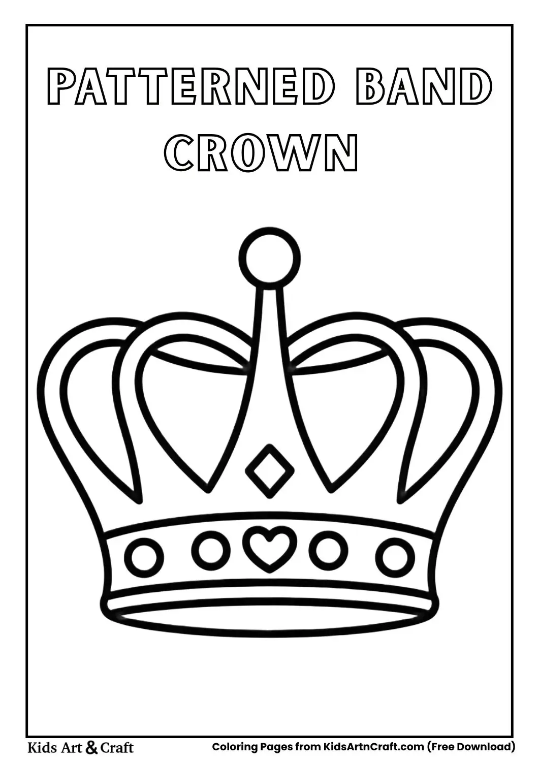 crown with heart and diamond patterns black and white coloring page