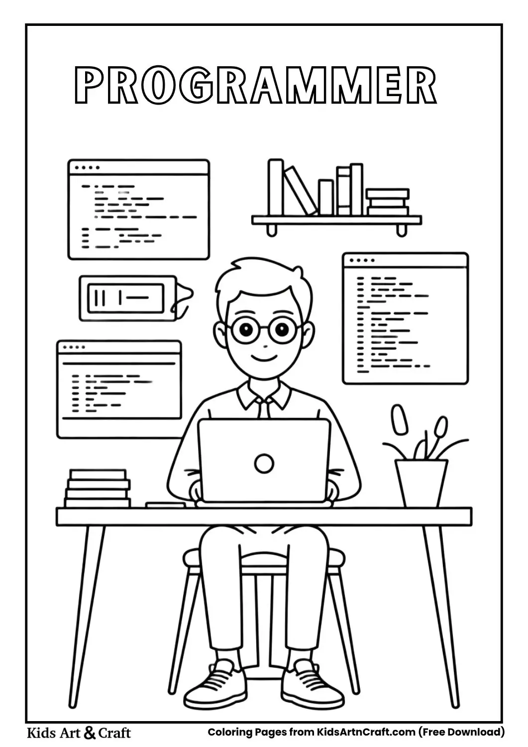 programmer working on computer coloring page