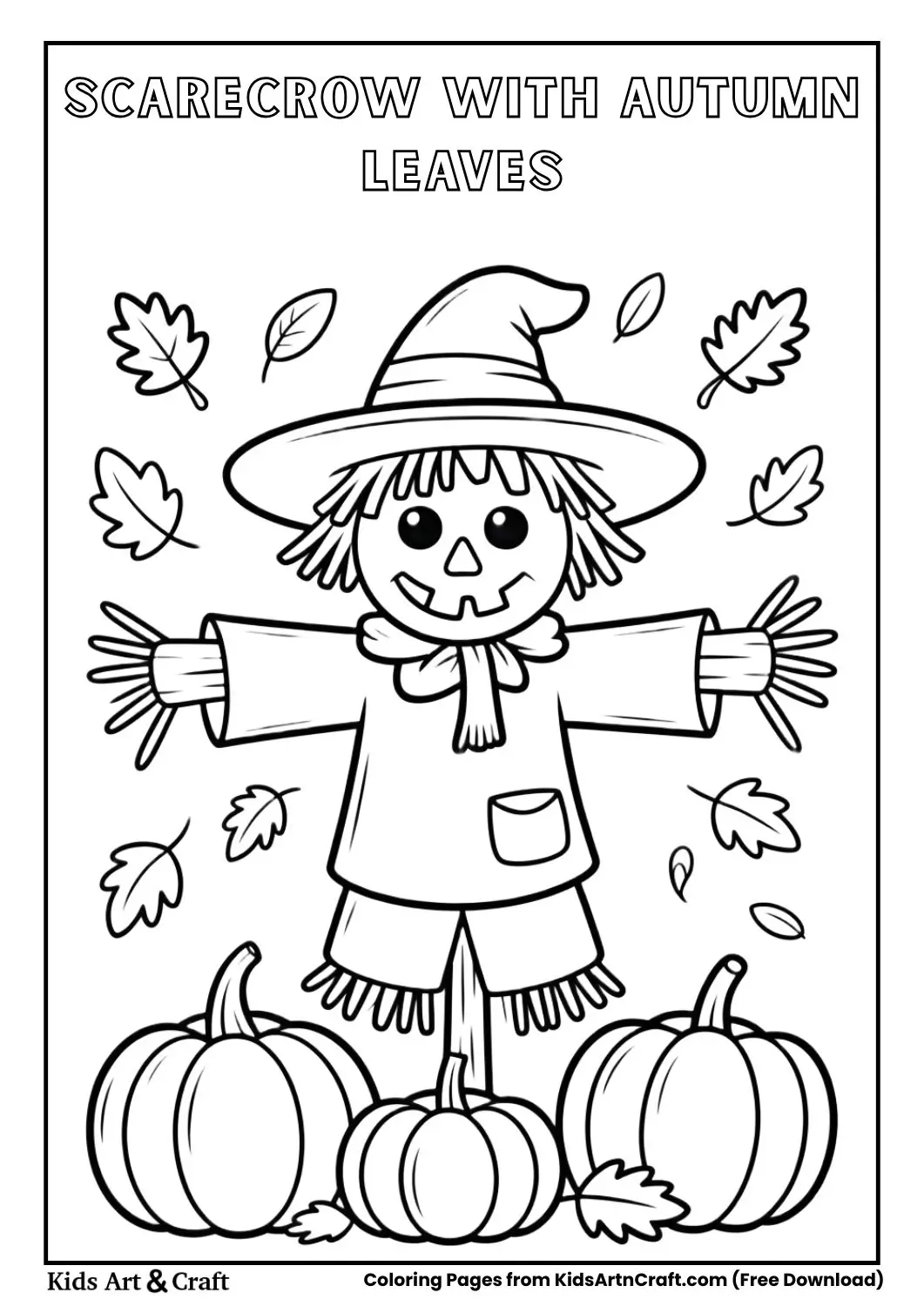 Scarecrow surrounded by pumpkins and autumn leaves coloring page