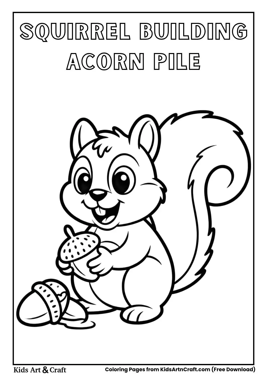 squirrel making pile of acorns black and white coloring page