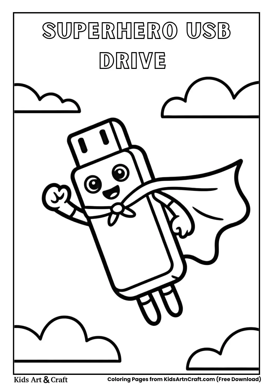 Cute USB flash drive wearing superhero cape flying coloring page