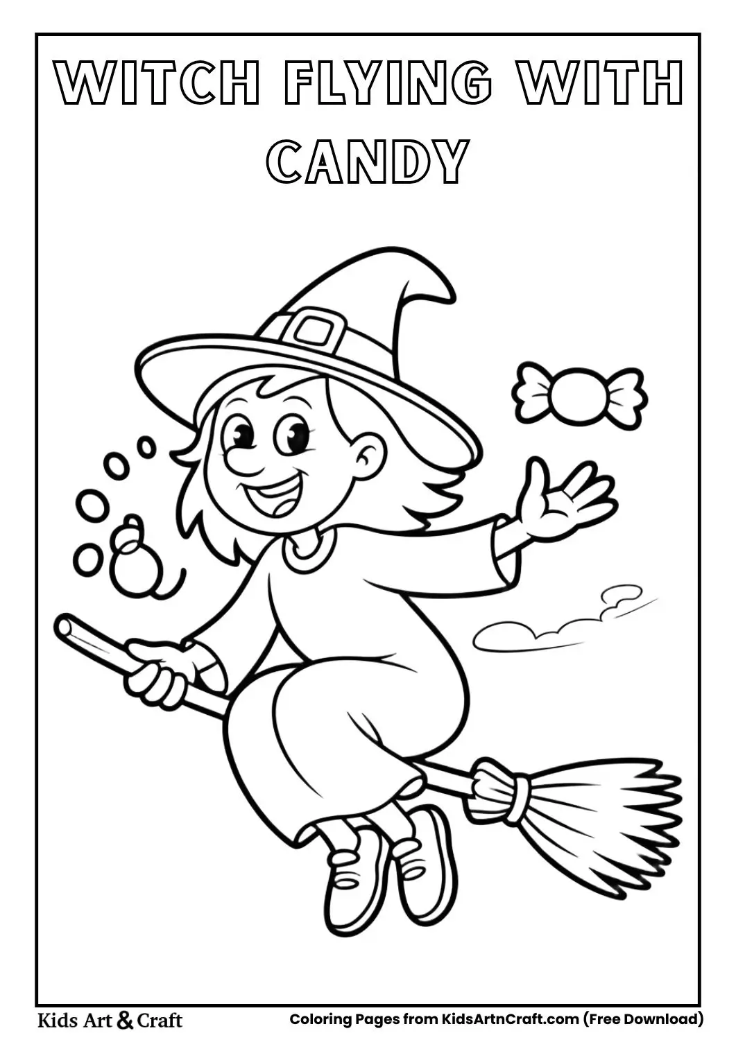 Witch flying on broom dropping candy coloring page