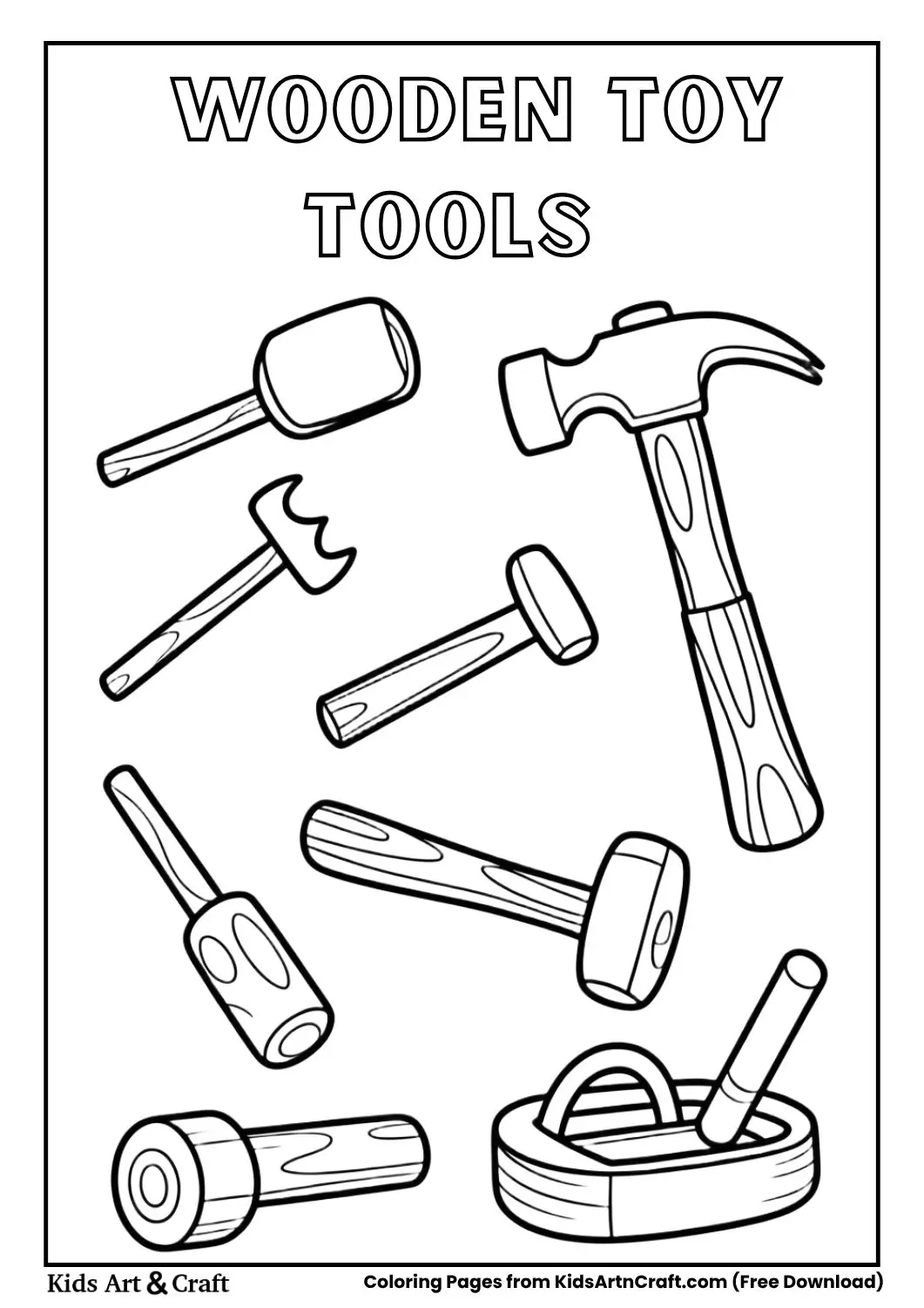 Wooden toy hammer and tools black and white coloring page for kids