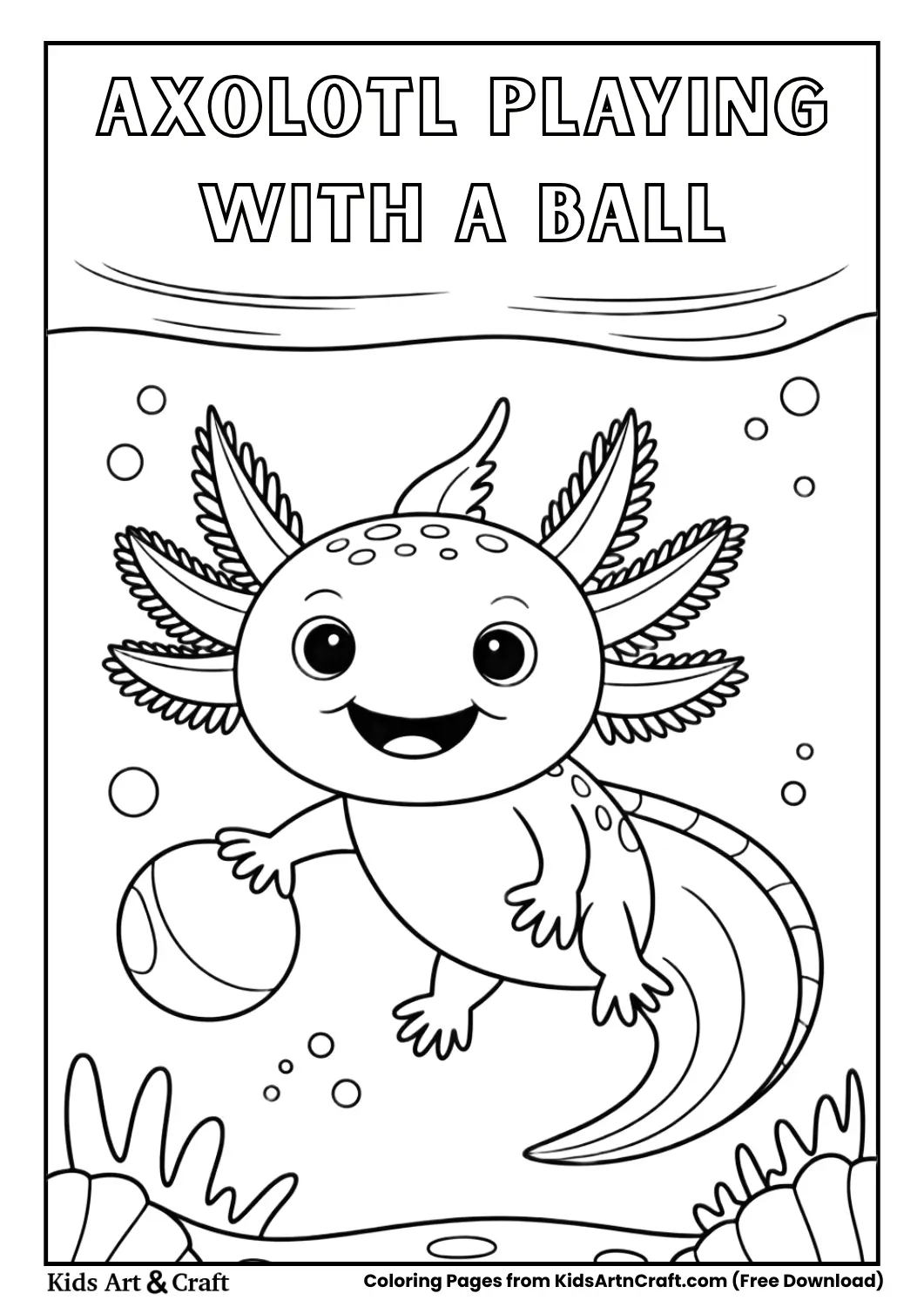 Cute axolotl playing with ball underwater kids coloring page