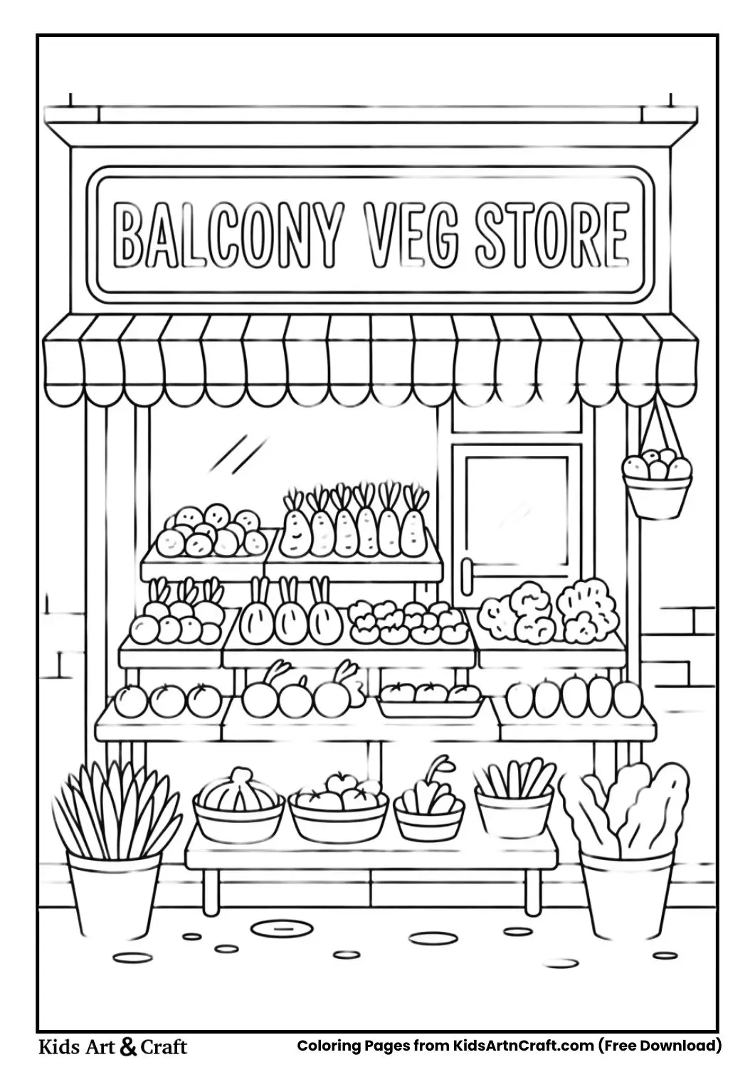 Balcony Veg Store small town vegetable shop coloring page