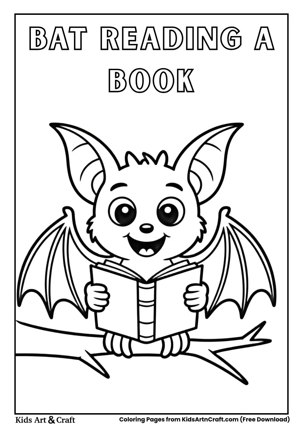 Cartoon bat reading book on tree branch coloring page
