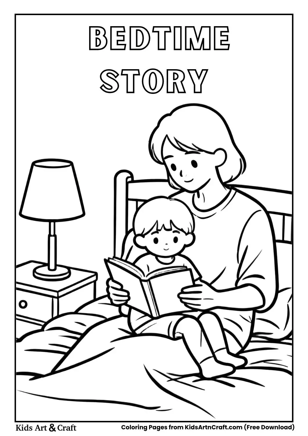 parent reading bedtime story to child simple coloring page