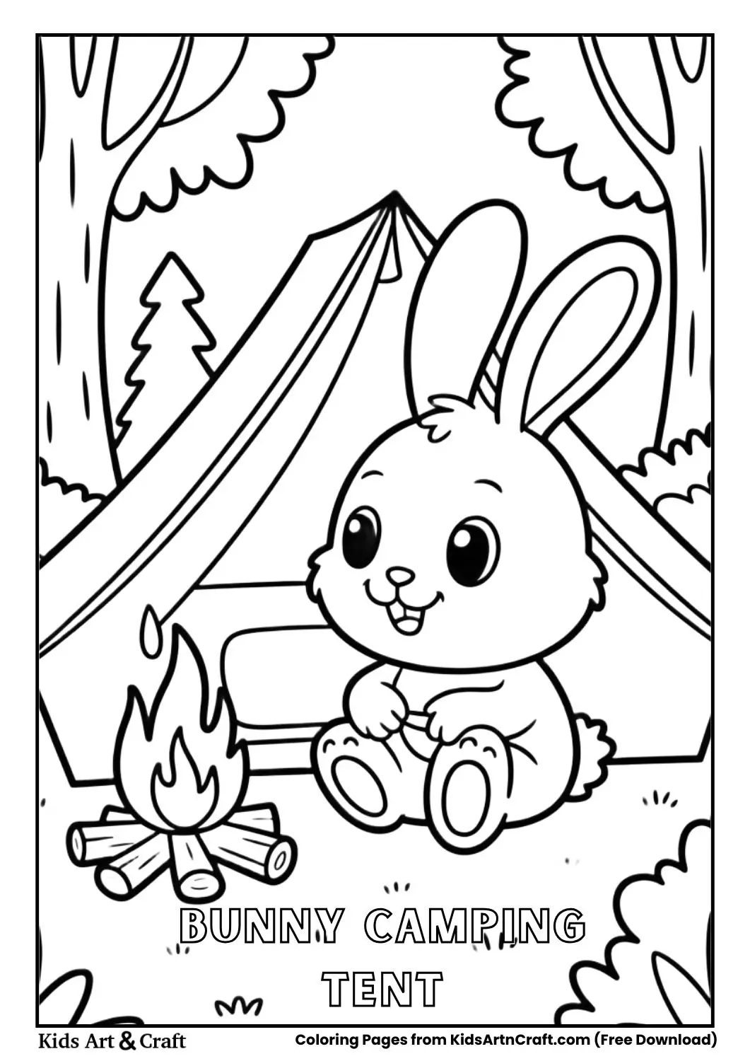 cute bunny camping in tiny tent coloring page