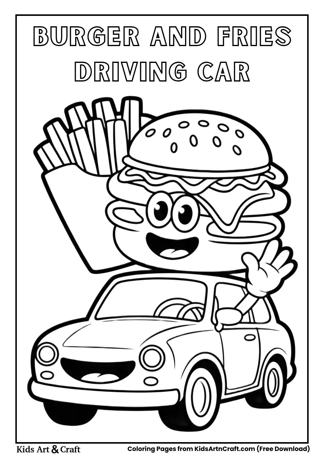 Burger and fries riding in cartoon car coloring page
