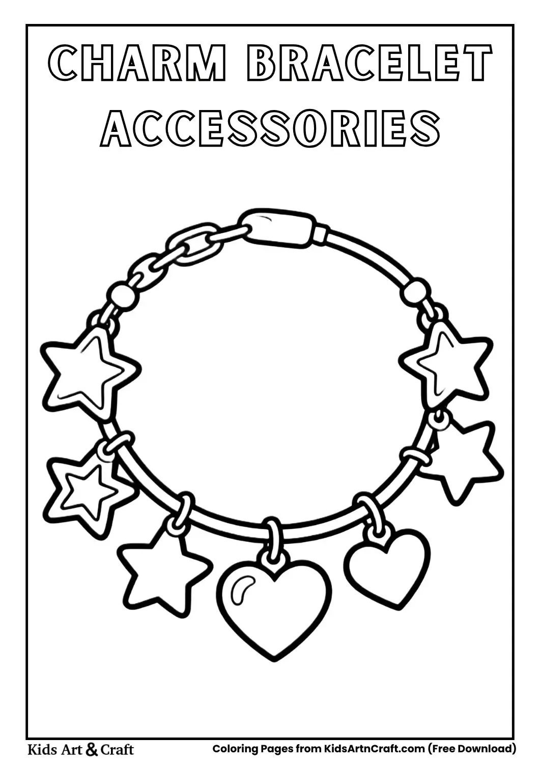 Charm bracelet with stars and hearts kids coloring page