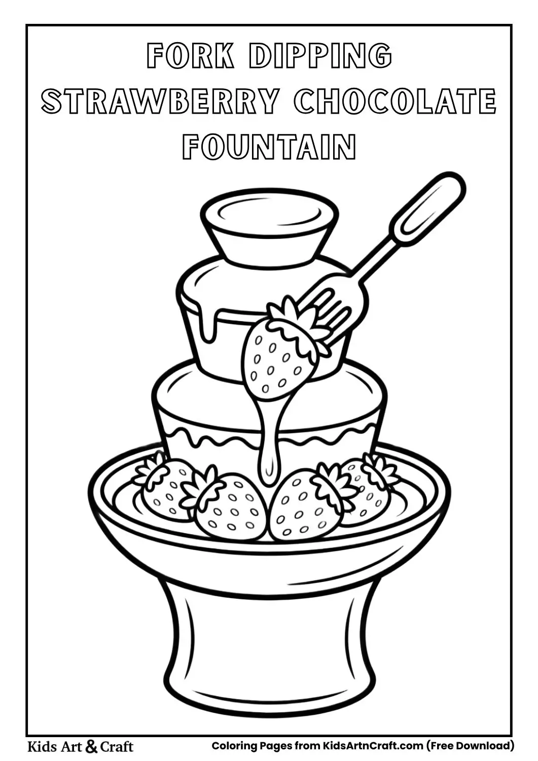 Fork dipping strawberry into chocolate fountain coloring page