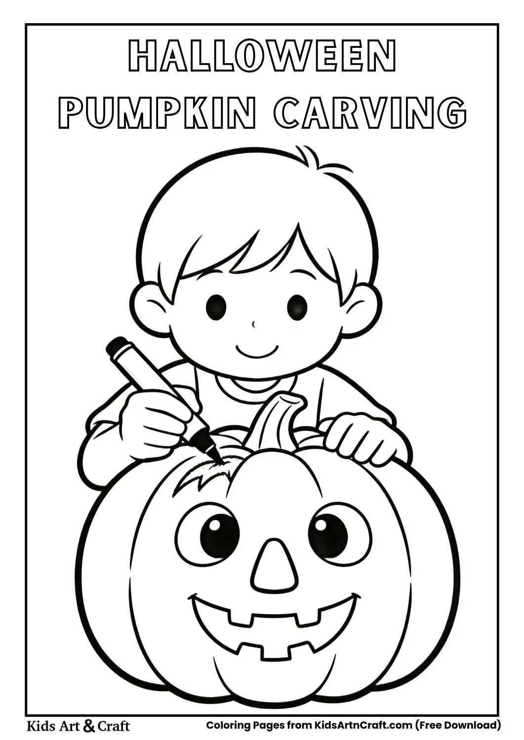 Child carving pumpkin black and white