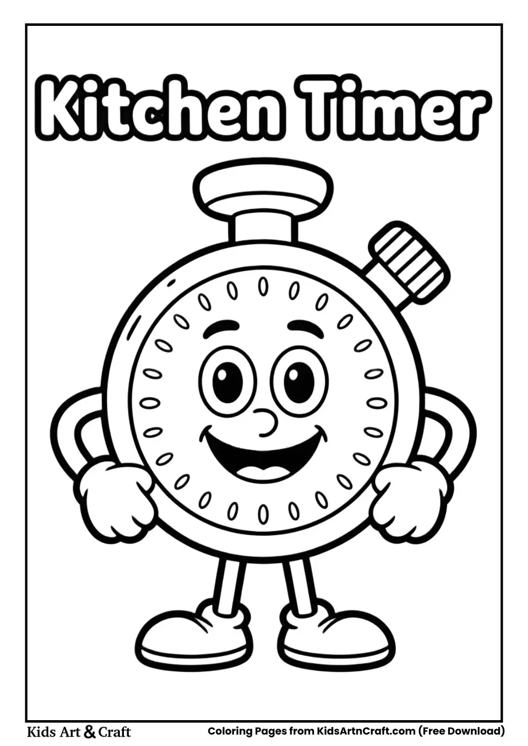 Cartoon kitchen timer black and white coloring page with the words KITCHEN TIMER on top