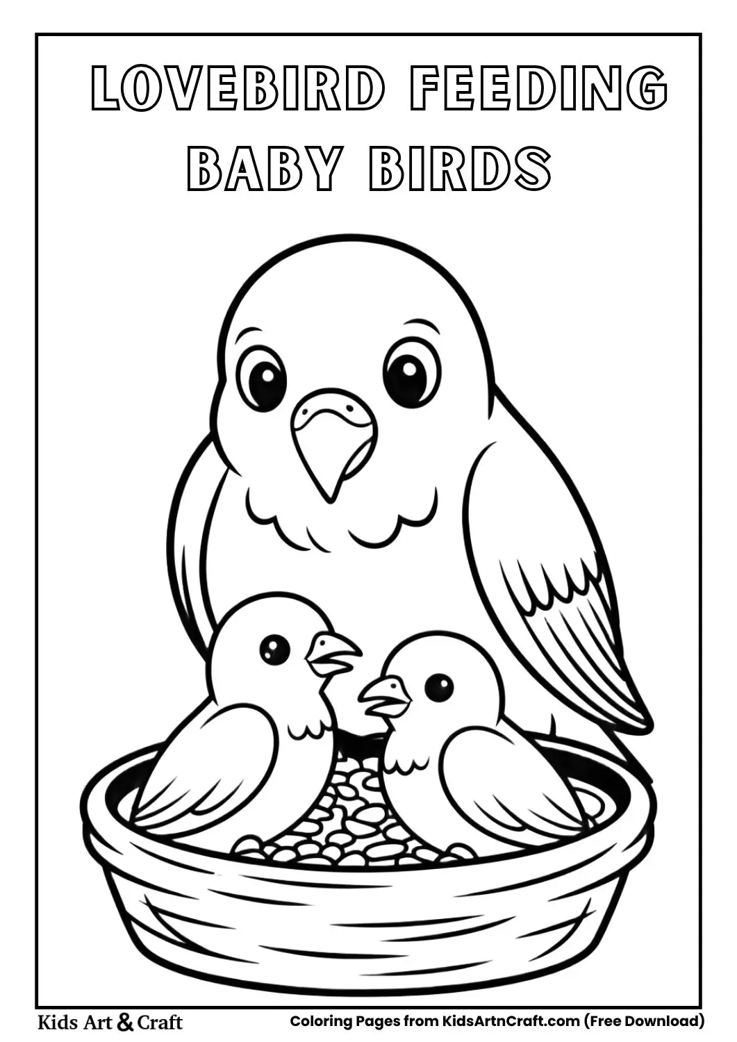 Lovebird feeding baby lovebirds in nest box coloring page for kids