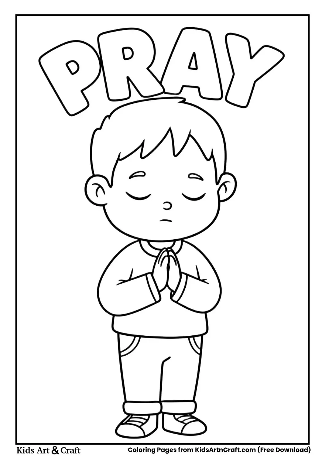 Child praying gesture coloring page for kids