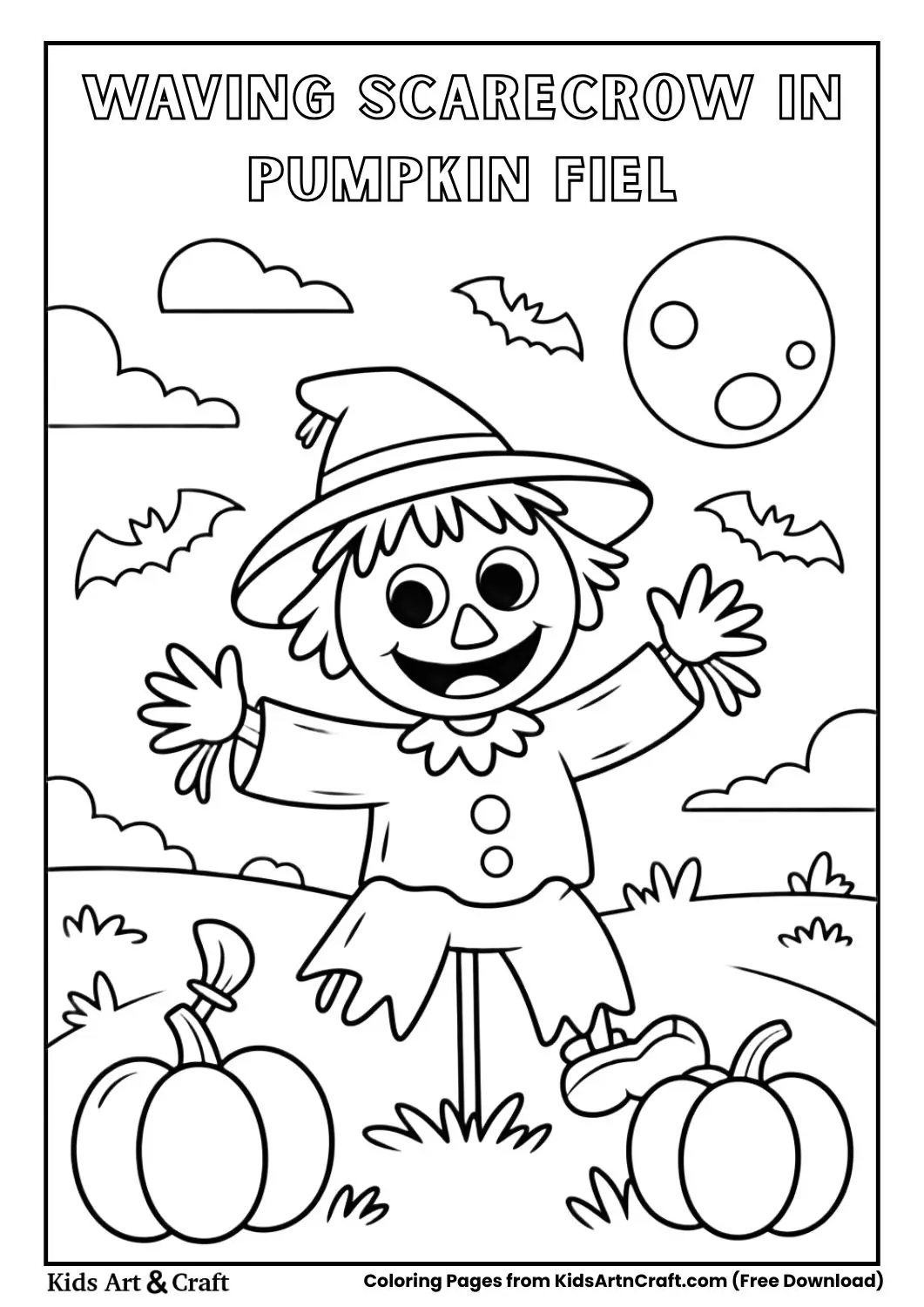 Happy scarecrow waving in pumpkin field with moon coloring page