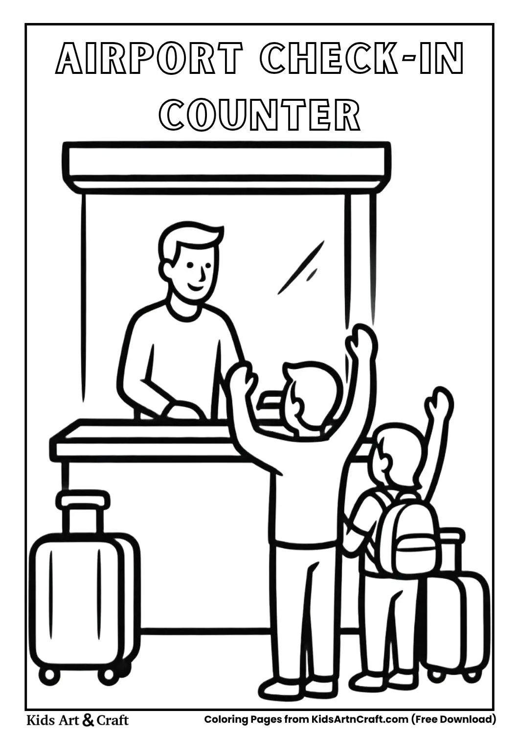 Family at airport check-in counter with staff and luggage