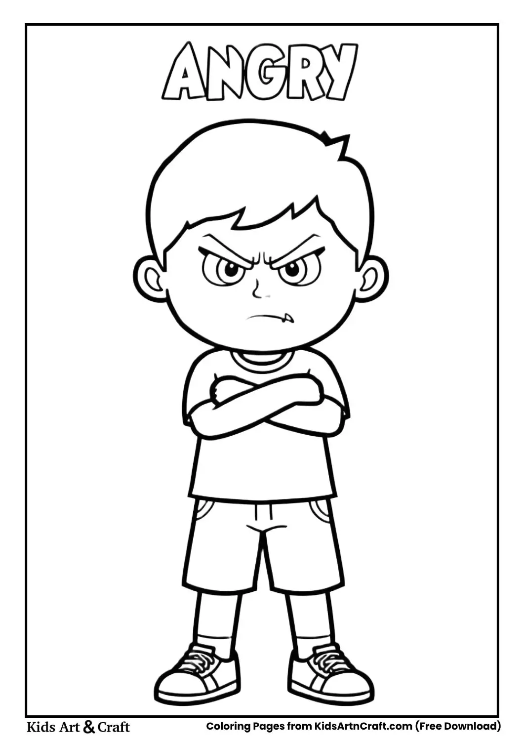 Angry kid emotion coloring page with crossed arms and bold outlines