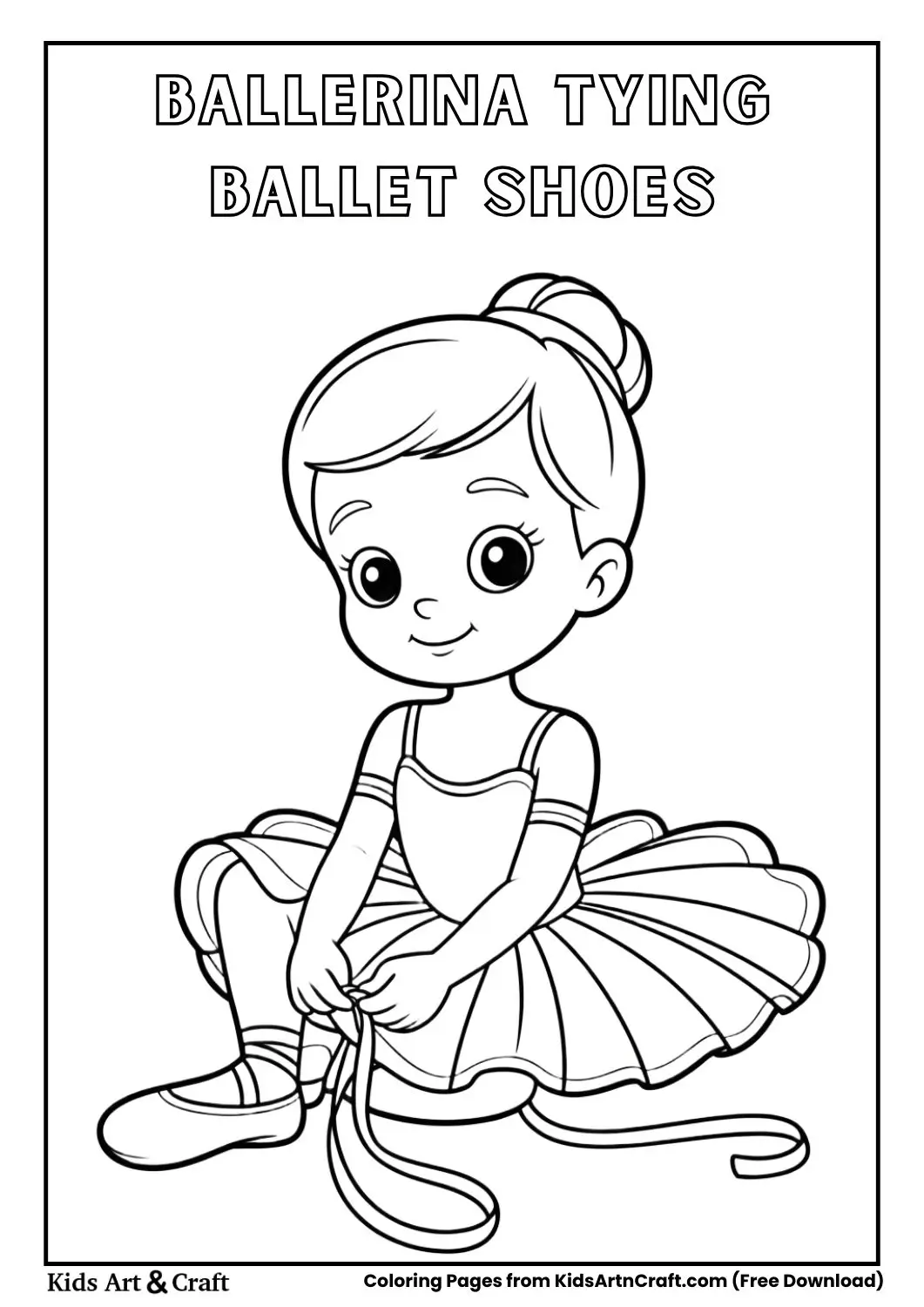 Young ballerina sitting on the floor tying ballet shoe ribbons coloring page