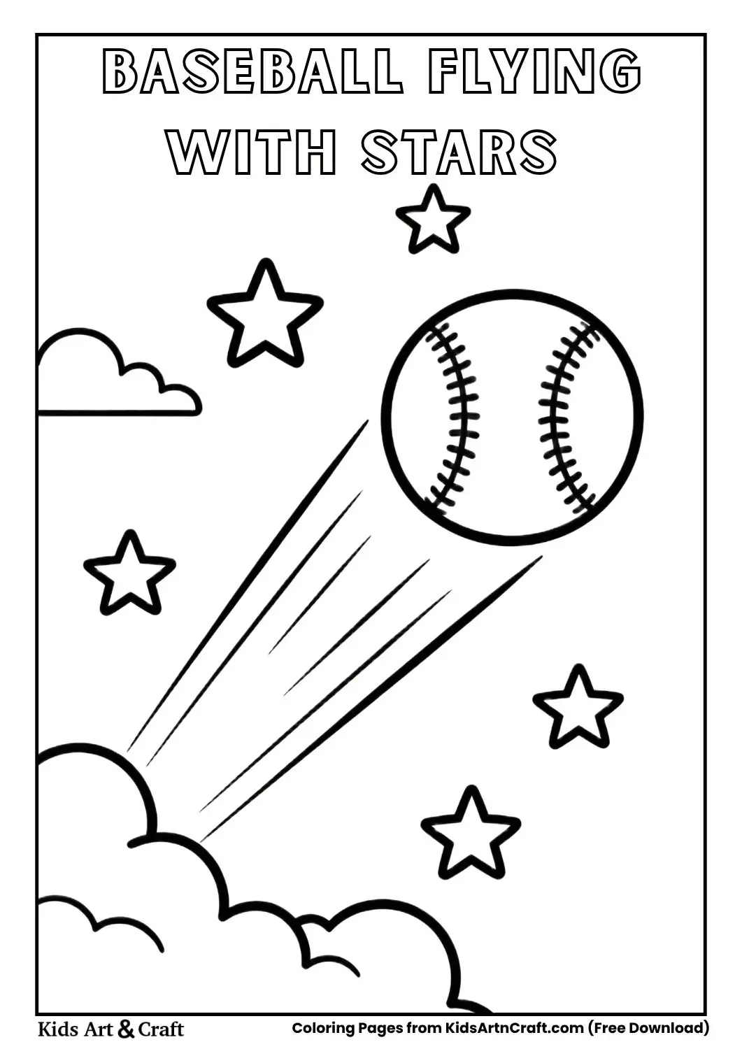 baseball flying through the sky with stars simple black and white coloring page