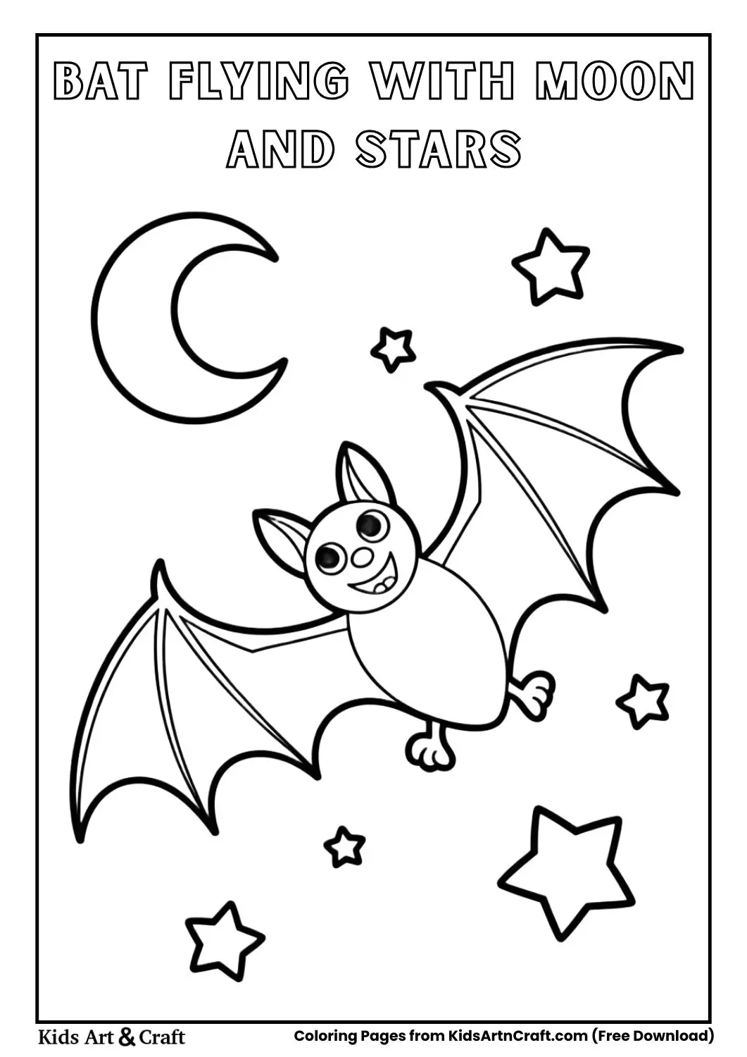 Cartoon bat flying in the night sky with moon and stars coloring page