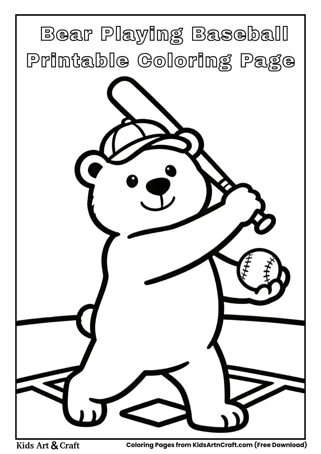 Bear swinging baseball bat simple outline coloring page
