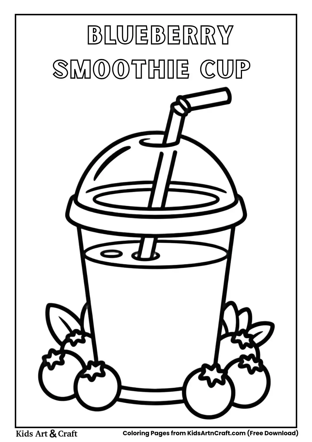 Simple smoothie cup with a straw and blueberries in black and white line art.