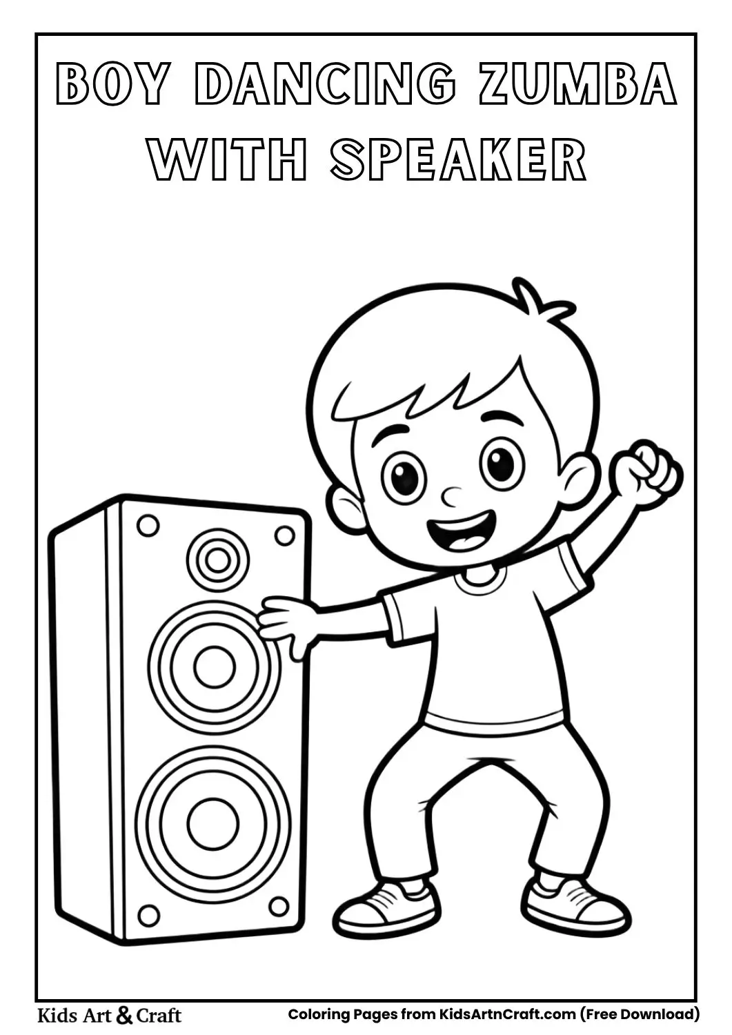 Boy dancing Zumba next to music speaker coloring page for kids