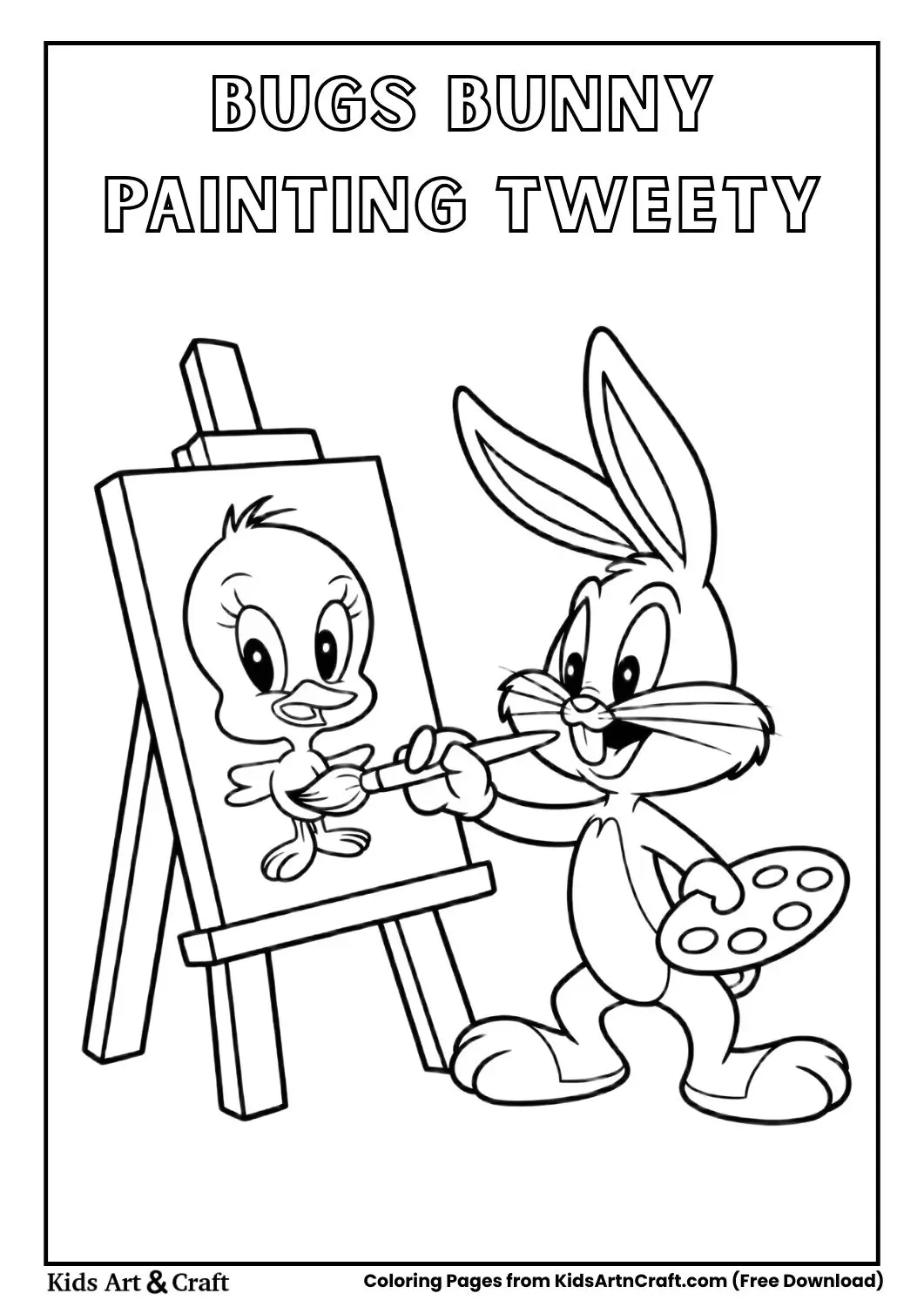 Cartoon rabbit painting Tweety Bird on canvas coloring page