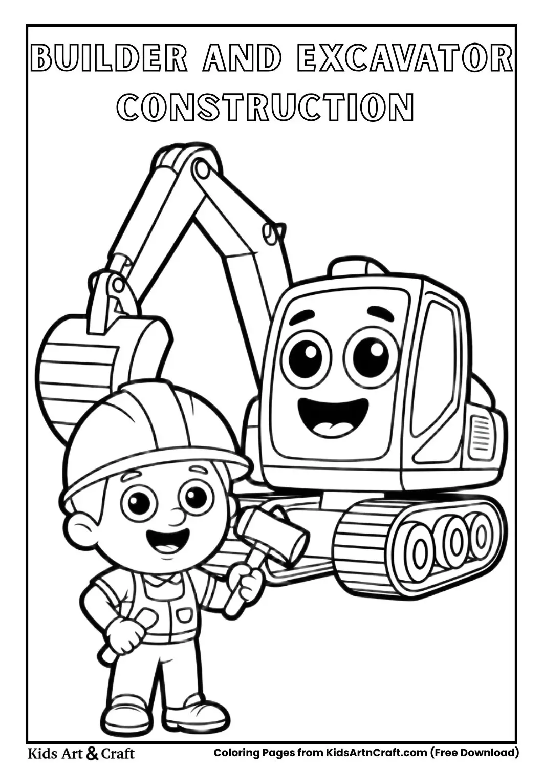 Kids cartoon construction worker holding hammer with smiling excavator coloring page