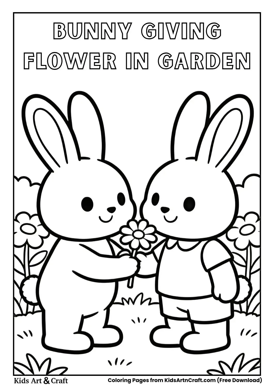 Black and white coloring page of two bunnies sharing a flower in a garden