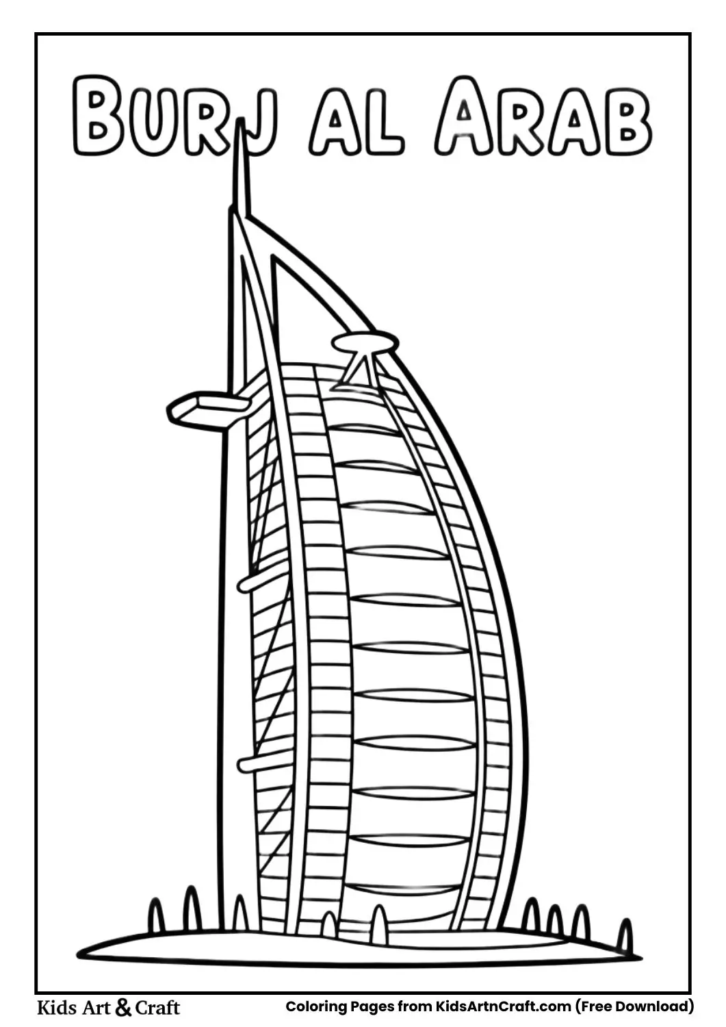 Burj Al Arab sail shaped hotel black and white coloring page for kids