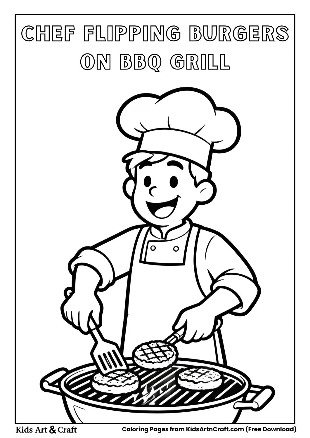cartoon chef flipping burgers on barbecue grill kids coloring page