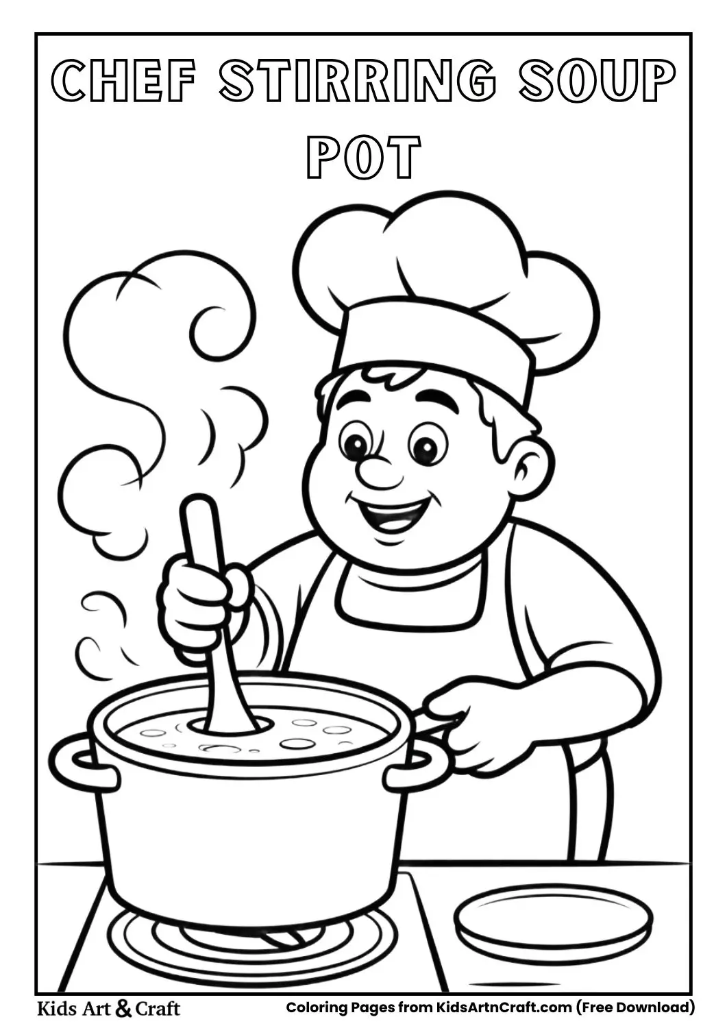 cartoon chef stirring soup in large pot coloring page