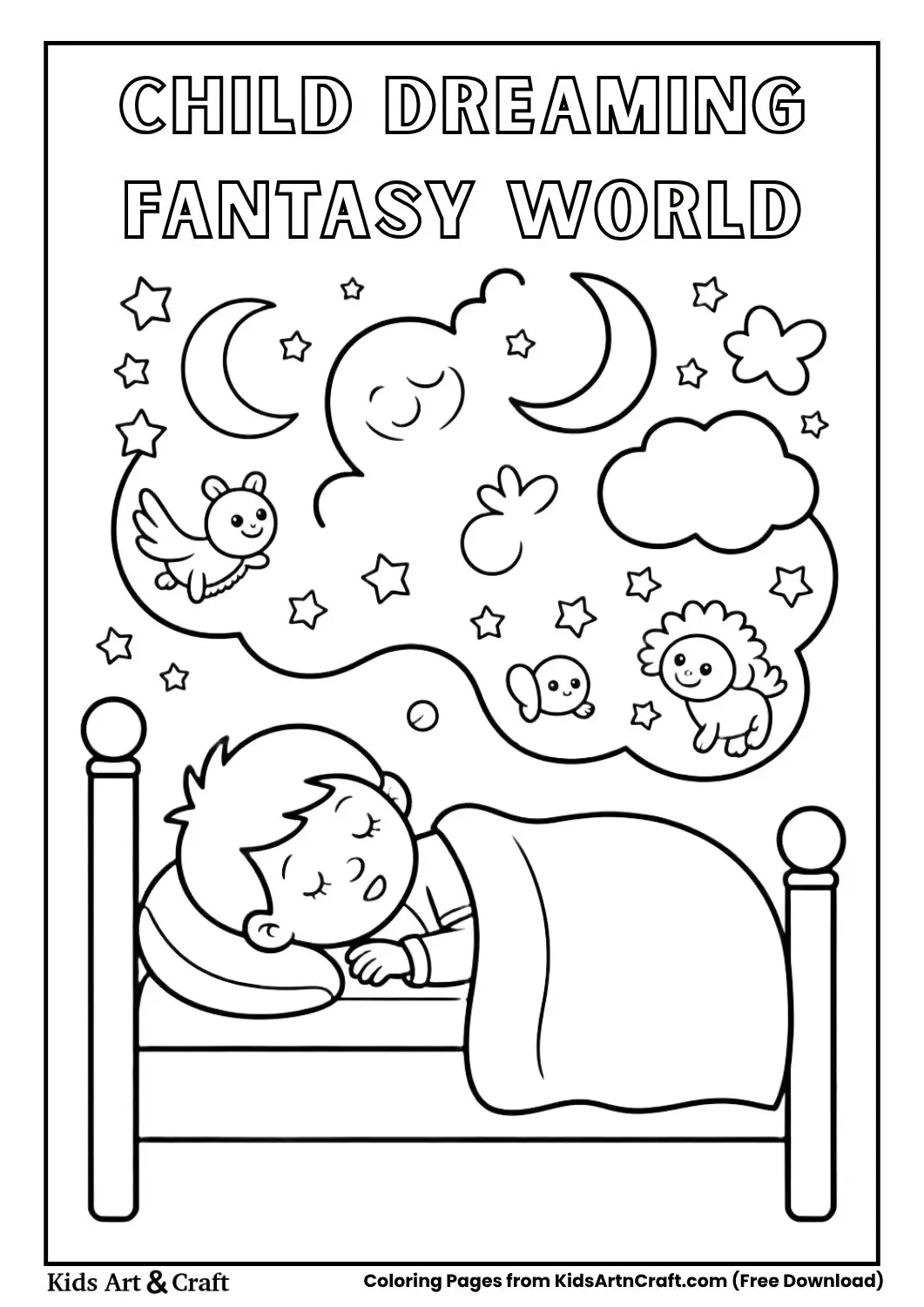A child sleeping while a dream world with stars, moon, and animals appears above in black and white coloring page style