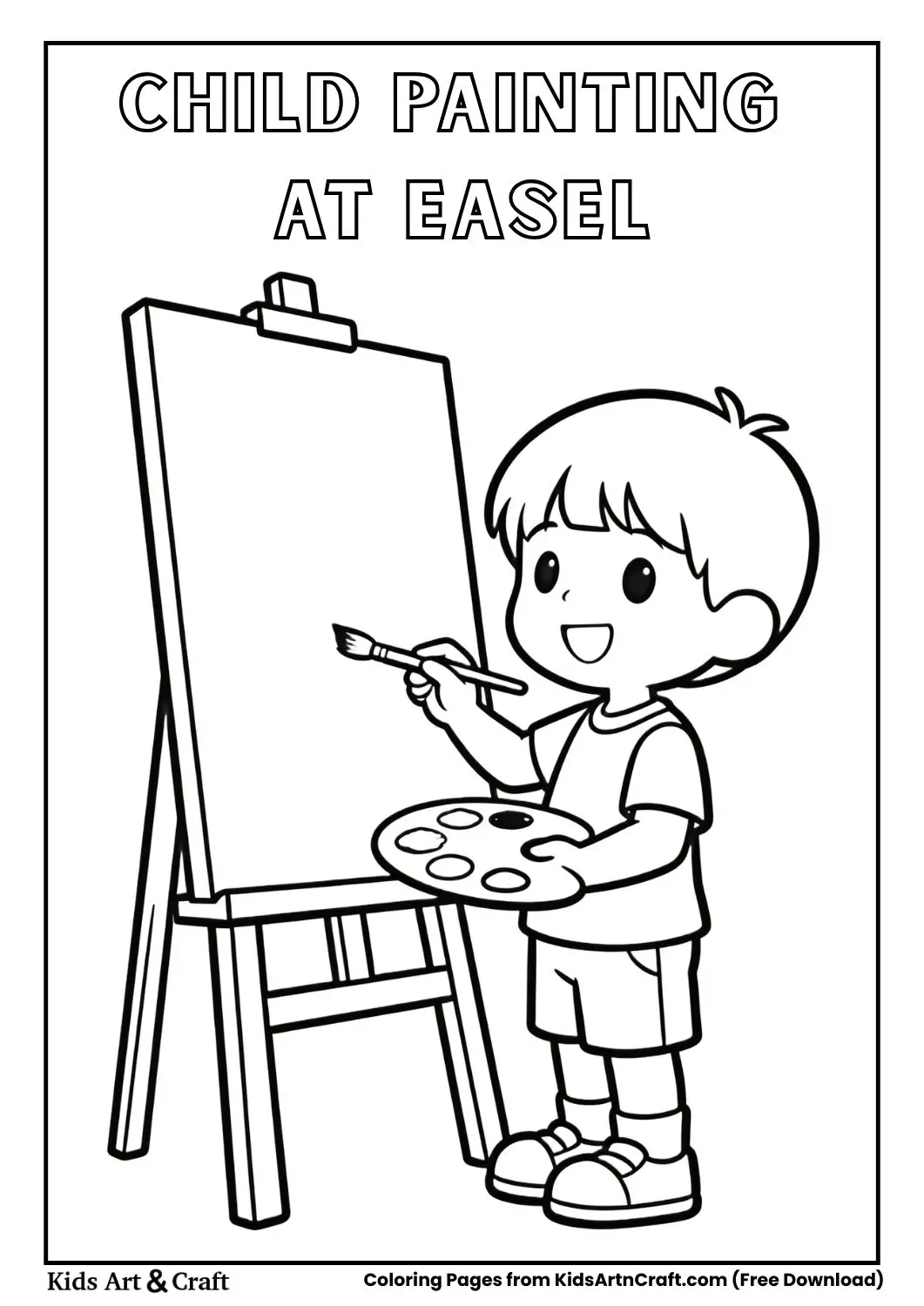 Black and white coloring sheet of a child painting on a canvas indoors