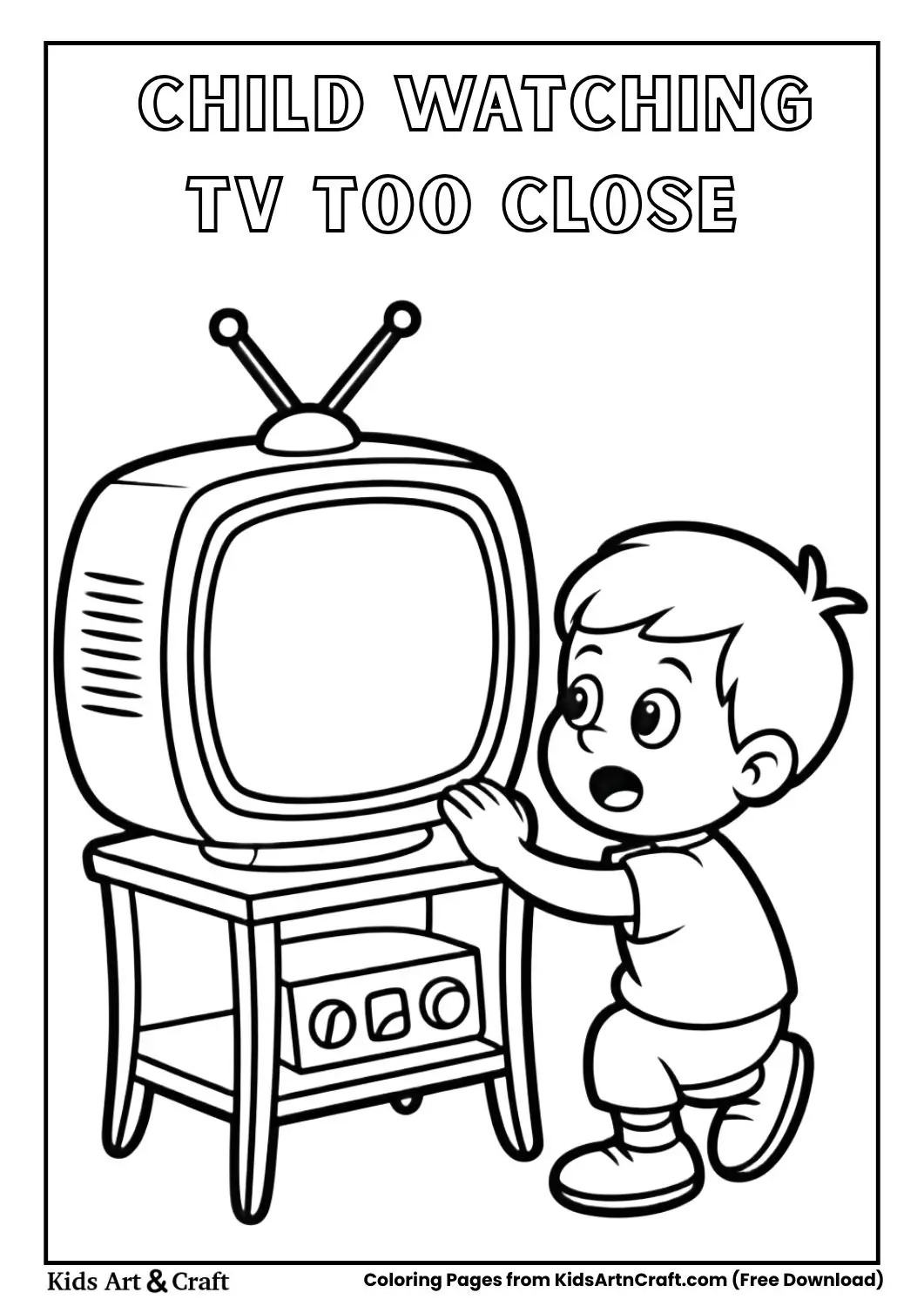 Kid sitting too close to television cartoon coloring page