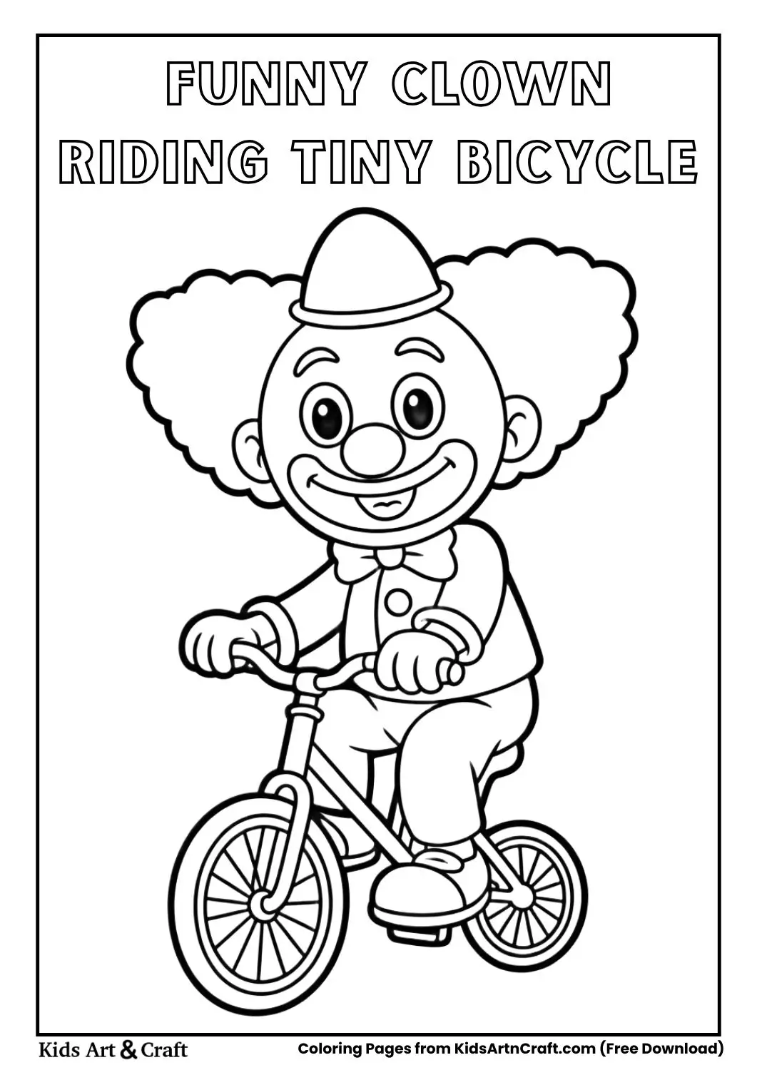 Black and white coloring page of a funny clown riding a tiny circus bicycle with oversized shoes.