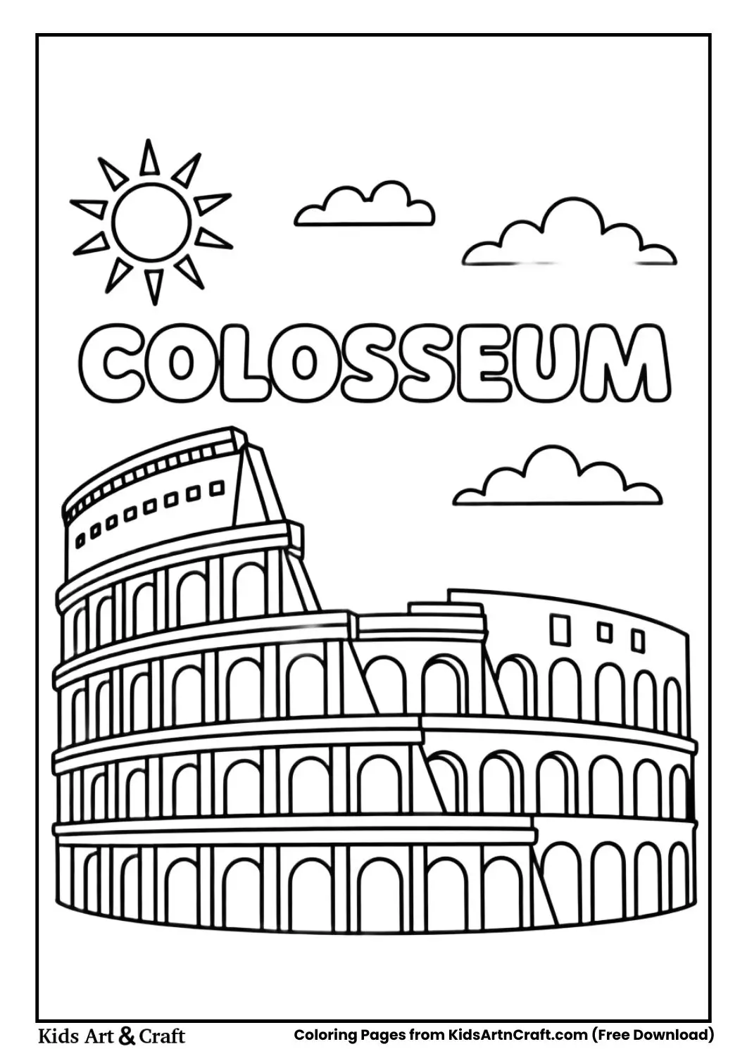 Colosseum Rome coloring page with monument name in bubble letters