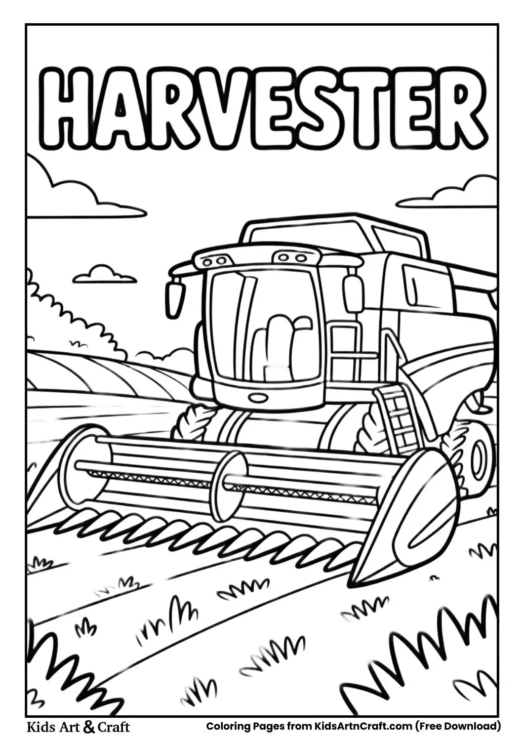 cartoon combine harvester farm machine coloring page