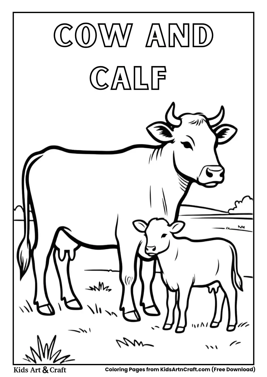 cow with calf in field coloring page
