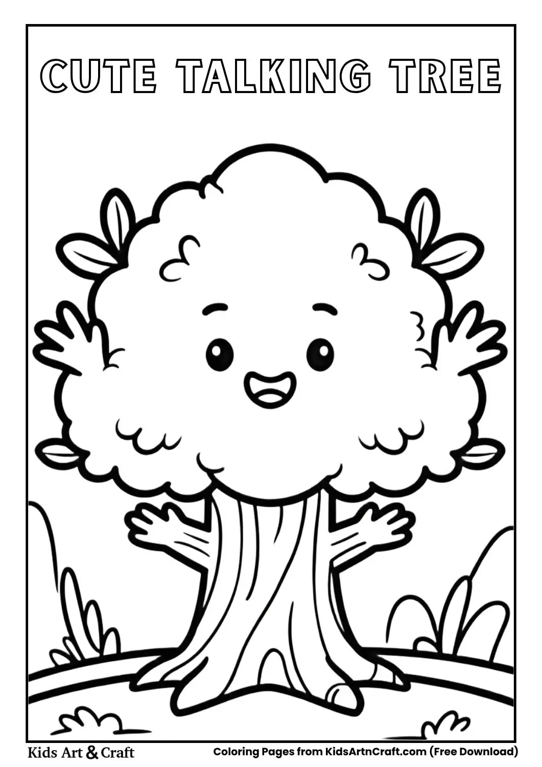 Cute cartoon talking tree with round face coloring page for kids