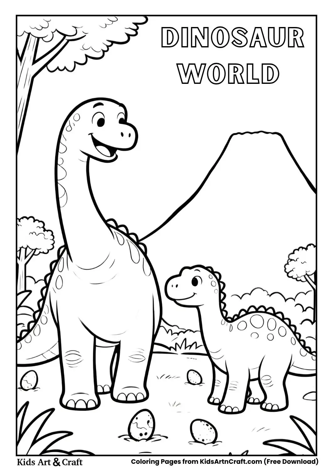 dinosaur world coloring page with volcano trees dinosaurs and eggs for children