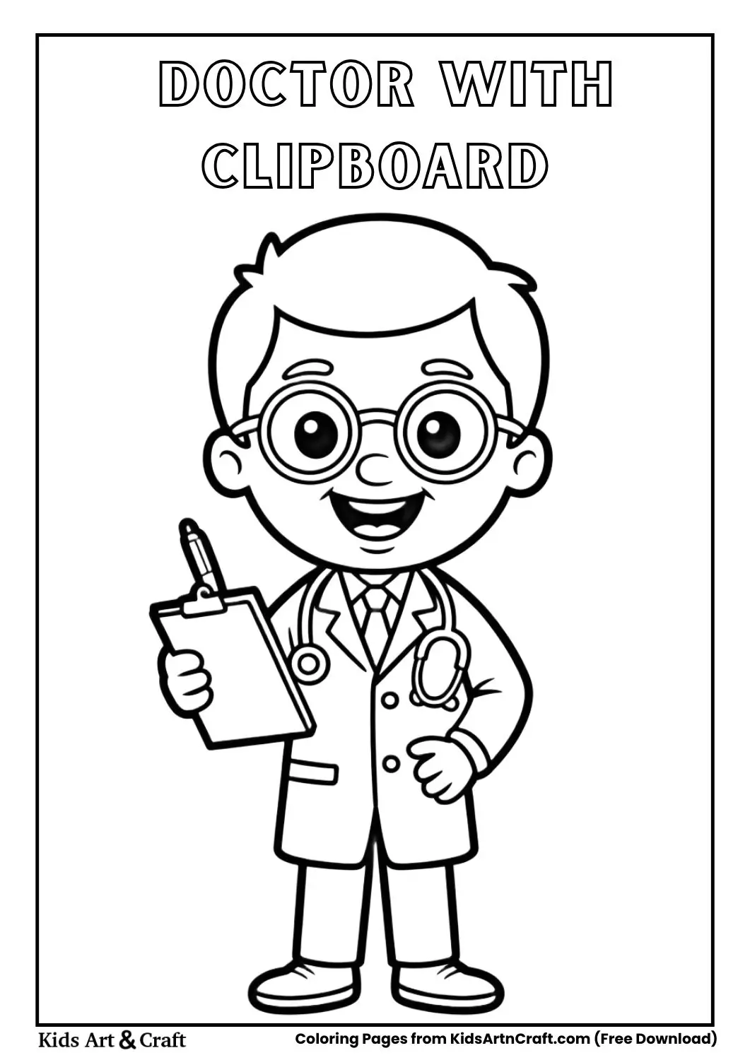 smiling doctor holding clipboard black and white coloring page for kids