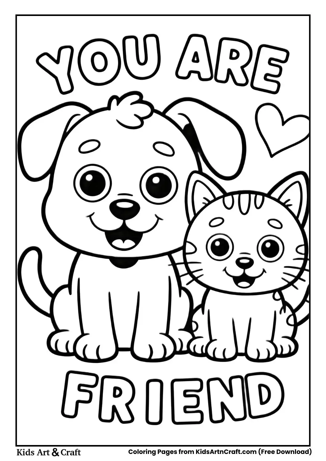 Cute dog and cat friendship card coloring page for kids