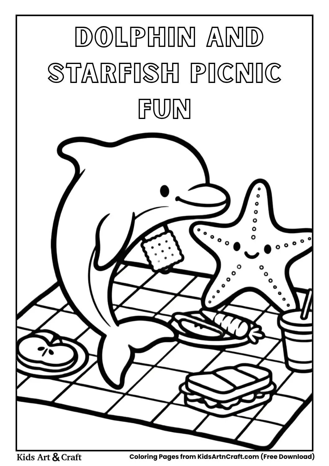 Dolphin and starfish sharing snacks coloring page